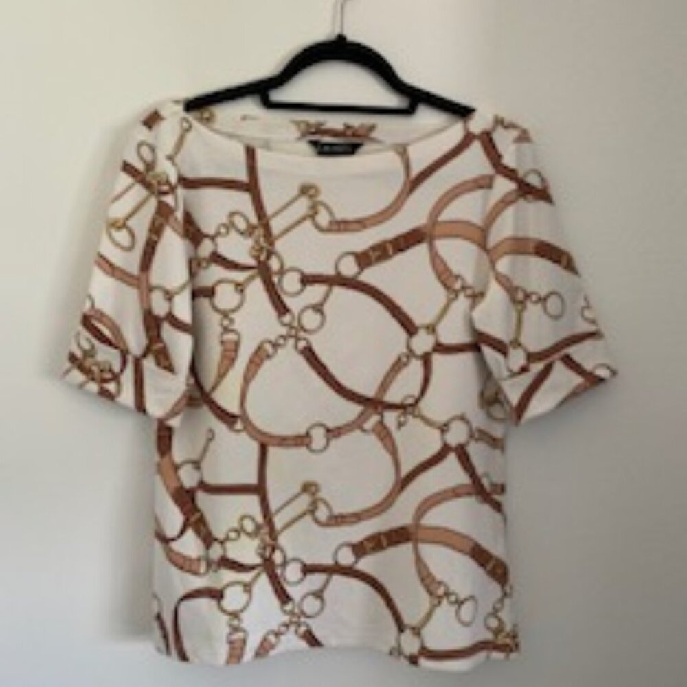 Lauren Ralph Lauren Equestrian Print Stretch Cotton Boat Neck Tee_Size L/G
